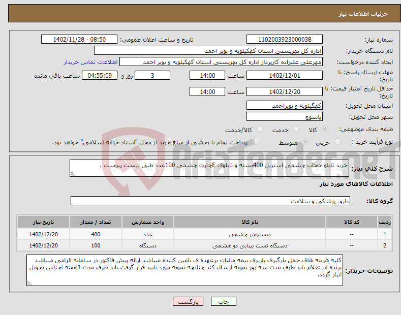 تصویر کوچک آگهی نیاز انتخاب تامین کننده-خرید تابلو حجاب چشمی استریل 400بسته و تابلوی Eچارت چشمی 100عدد طبق لیست پیوست .