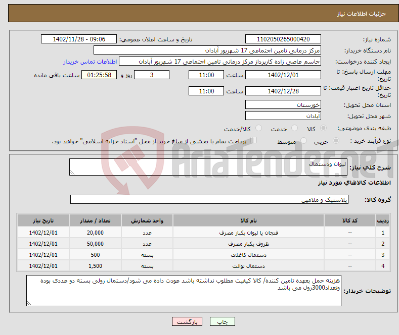 تصویر کوچک آگهی نیاز انتخاب تامین کننده-لیوان ودستمال