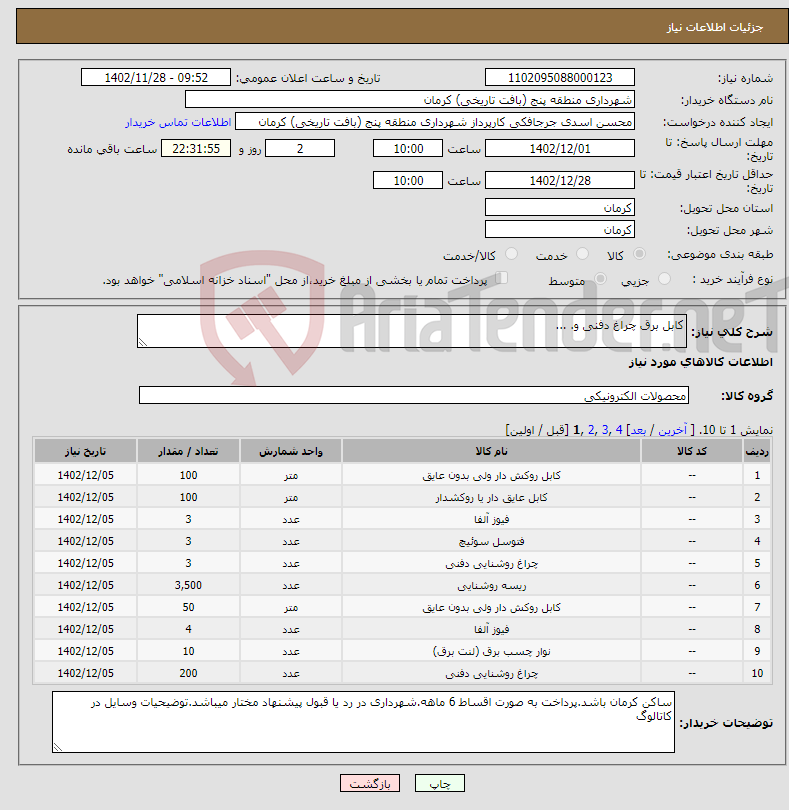 تصویر کوچک آگهی نیاز انتخاب تامین کننده-کابل برق چراغ دفنی و. ...