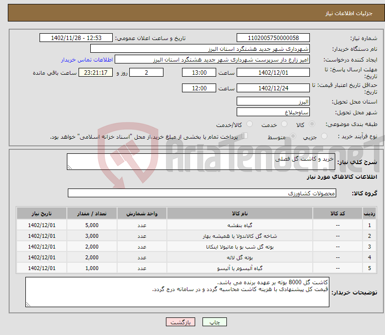 تصویر کوچک آگهی نیاز انتخاب تامین کننده-خرید و کاشت گل فصلی 