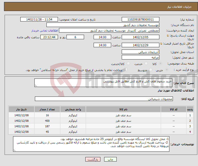 تصویر کوچک آگهی نیاز انتخاب تامین کننده-خرید سموم علف کش و قارچ کش مطابق فایل پیوستی 