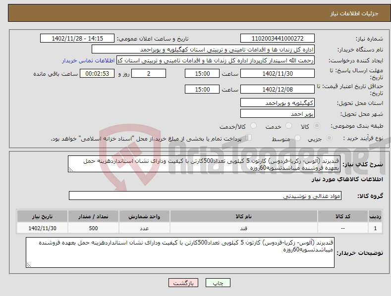 تصویر کوچک آگهی نیاز انتخاب تامین کننده-قندبرند (آلوس- زکریا-فردوس) کارتون 5 کیلویی تعداد500کارتن با کیفیت ودارای نشان استانداردهزینه حمل بعهده فروشنده میباشدتسویه60روزه