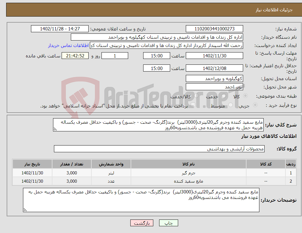 تصویر کوچک آگهی نیاز انتخاب تامین کننده-مایع سفید کننده وجرم گیر20لیتری(3000لیتر) برند(گلرنگ- صحت - جسور) و باکیفیت حداقل مصرف یکساله هزینه حمل به عهده فروشنده می باشدتسویه60روز