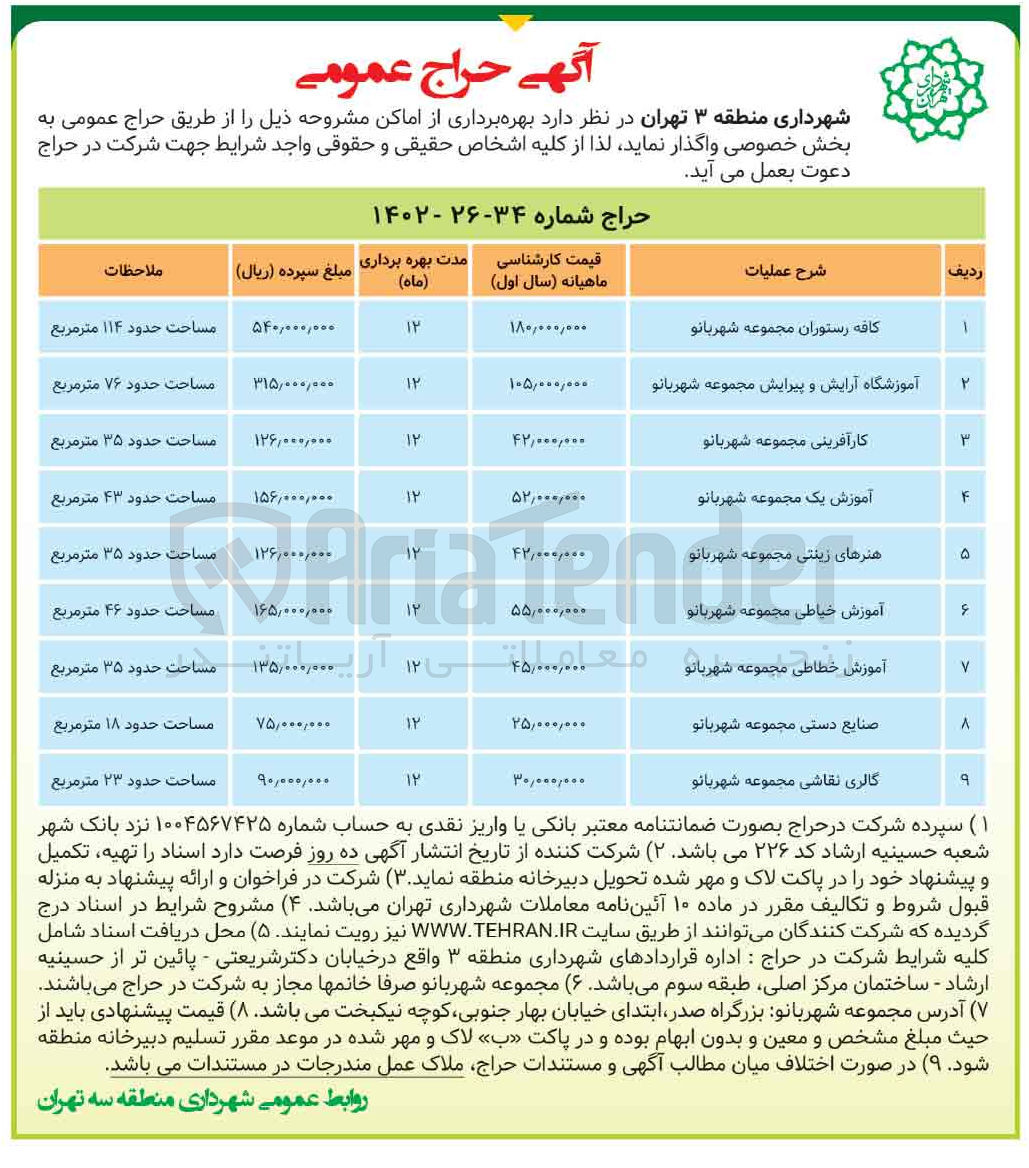 تصویر کوچک آگهی فروش املاک زیر در 9 ردیف : کافه رستوران مجموعه شهربانو-آموزشگاه آرایش و پیرایش مجموعه شهربانو-کارآفرینی مجموعه شهربانو-آموزش یک مجموعه شهربانو-هنرهای زینتی مجموعه شهربانو-آموزش خیاطی مجموعه شهربانو-آموزش خطاطی مجموعه شهربان-صنایع دستی مجموعه شهربانو-گالری نقاشی مجموعه شهربانو
