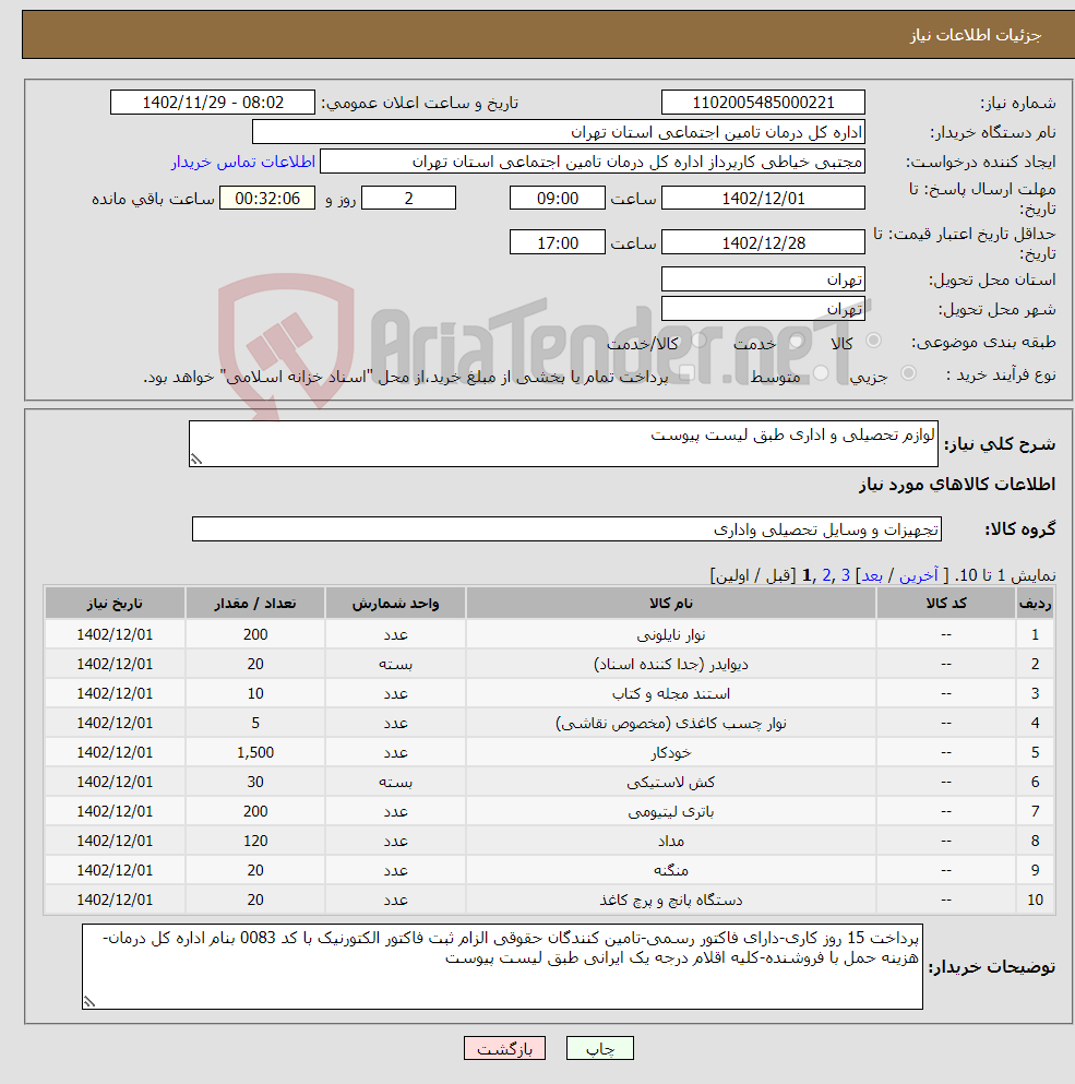 تصویر کوچک آگهی نیاز انتخاب تامین کننده-لوازم تحصیلی و اداری طبق لیست پیوست