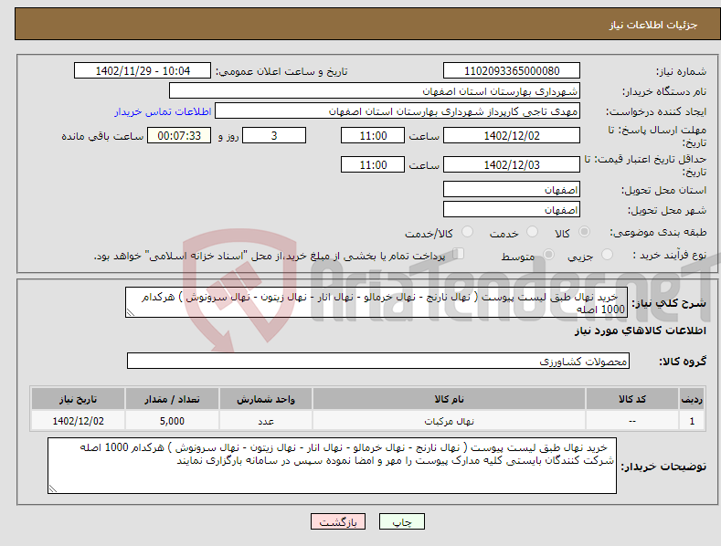 تصویر کوچک آگهی نیاز انتخاب تامین کننده- خرید نهال طبق لیست پیوست ( نهال نارنج - نهال خرمالو - نهال انار - نهال زیتون - نهال سرونوش ) هرکدام 1000 اصله 