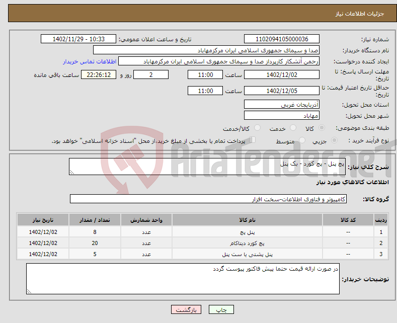 تصویر کوچک آگهی نیاز انتخاب تامین کننده-پچ پنل - پچ کورد - بک پنل