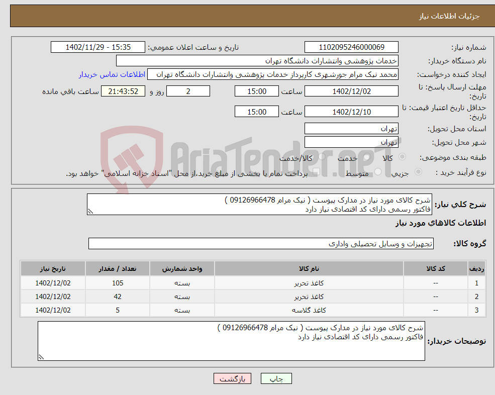 تصویر کوچک آگهی نیاز انتخاب تامین کننده-شرح کالای مورد نیاز در مدارک پیوست ( نیک مرام 09126966478 ) فاکتور رسمی دارای کد اقتصادی نیاز دارد