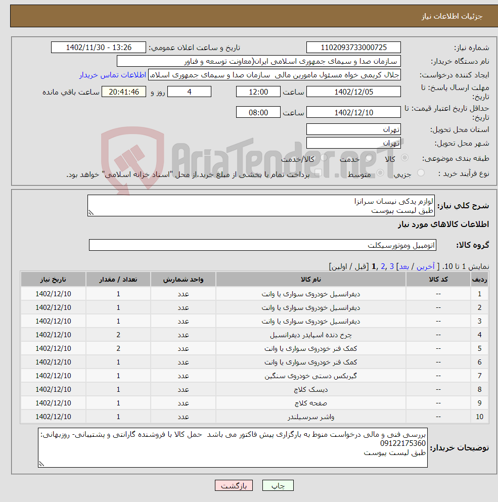 تصویر کوچک آگهی نیاز انتخاب تامین کننده-لوازم یدکی نیسان سرانزا طبق لیست پیوست