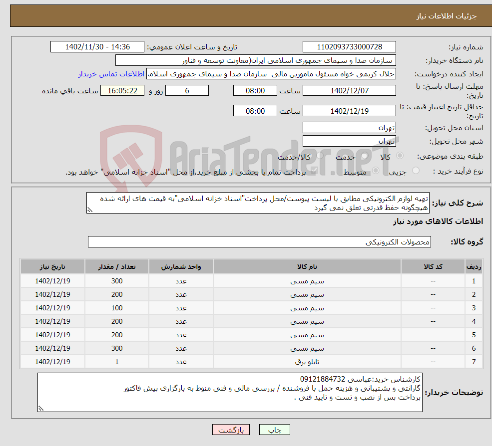 تصویر کوچک آگهی نیاز انتخاب تامین کننده-تهیه لوازم الکترونیکی مطابق با لیست پیوست/محل پرداخت"اسناد خزانه اسلامی"به قیمت های ارائه شده هیچگونه حفظ قدرتی تعلق نمی گیرد 