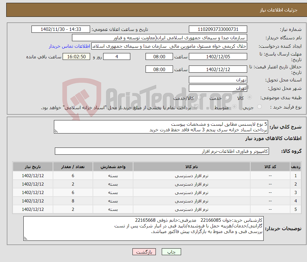 تصویر کوچک آگهی نیاز انتخاب تامین کننده-5 نوع لایسنس مطابق لیست و مشخصات پیوست پرداخت اسناد خزانه سری پنجم 3 ساله فاقد حفظ قدرت خرید