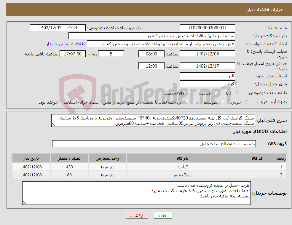 تصویر کوچک آگهی نیاز انتخاب تامین کننده-سنگ گرانیت کف گل پنبه سفیدنطنز20*40یکصدمترمربع و40*40 سیصدوسی مترمربع باضخامت 1/5 سانت و سنگ سفیدچینی نی ریز درپوش عرض35سانتی ضخامت 4سانت 80مترمربع