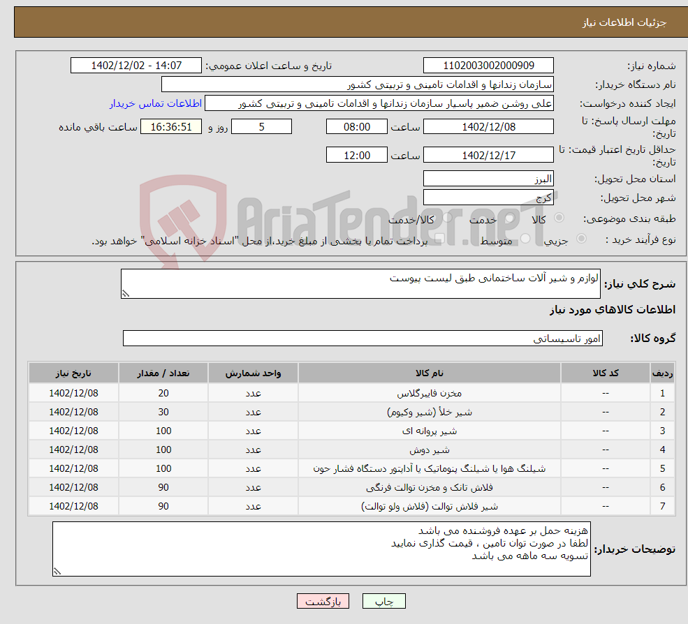 تصویر کوچک آگهی نیاز انتخاب تامین کننده-لوازم و شیر آلات ساختمانی طبق لیست پیوست