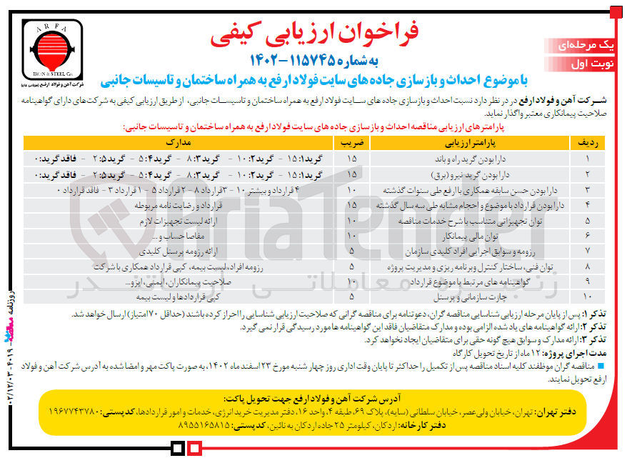 تصویر کوچک آگهی ارزیابی کیفی احداث و بازسازی جاده های سایت ارفع به همراه ساختمان و تاسیسات جانبی 