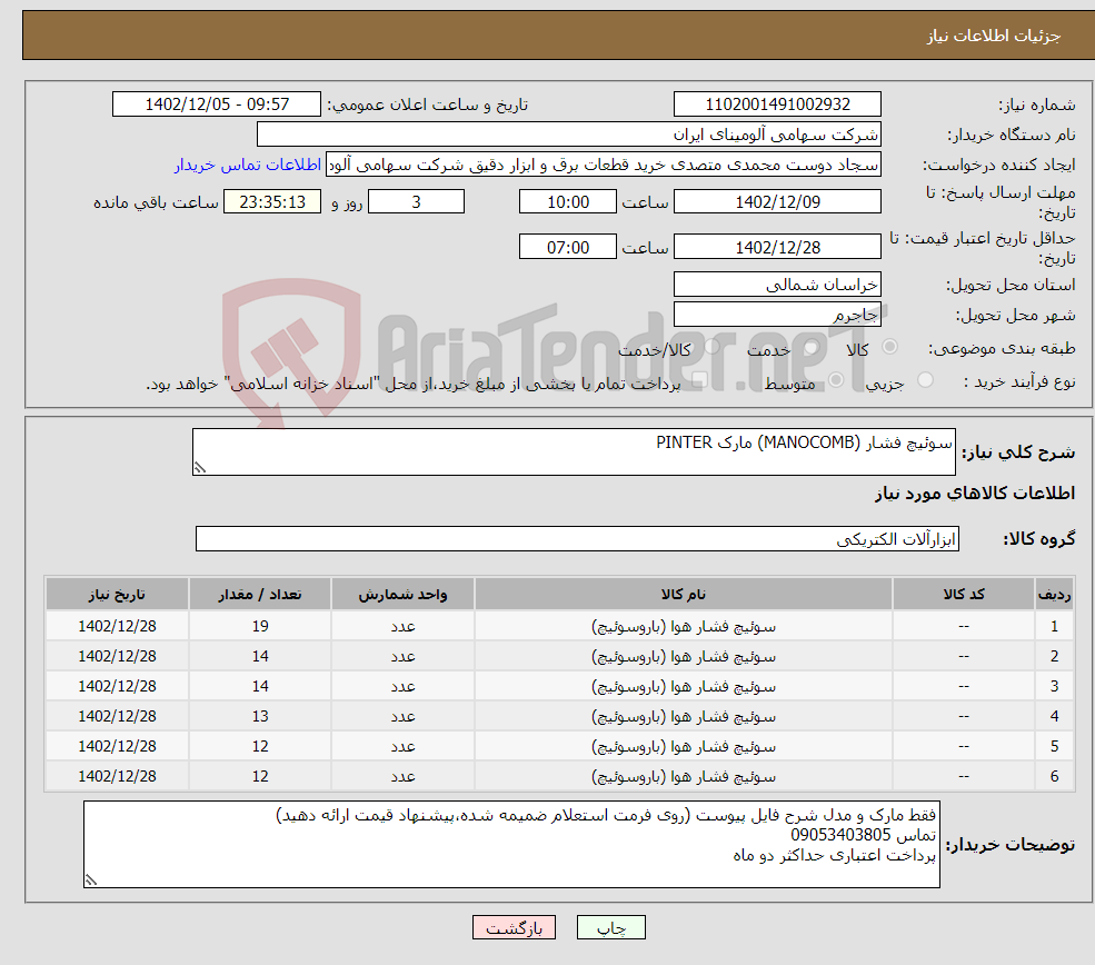 تصویر کوچک آگهی نیاز انتخاب تامین کننده-سوئیچ فشار (MANOCOMB) مارک PINTER