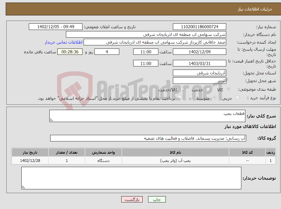 تصویر کوچک آگهی نیاز انتخاب تامین کننده-قطعات پمپ