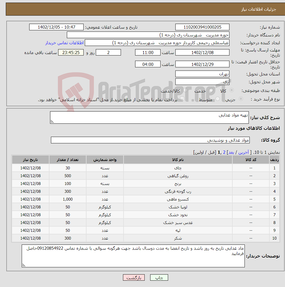 تصویر کوچک آگهی نیاز انتخاب تامین کننده-تهیه مواد غذایی