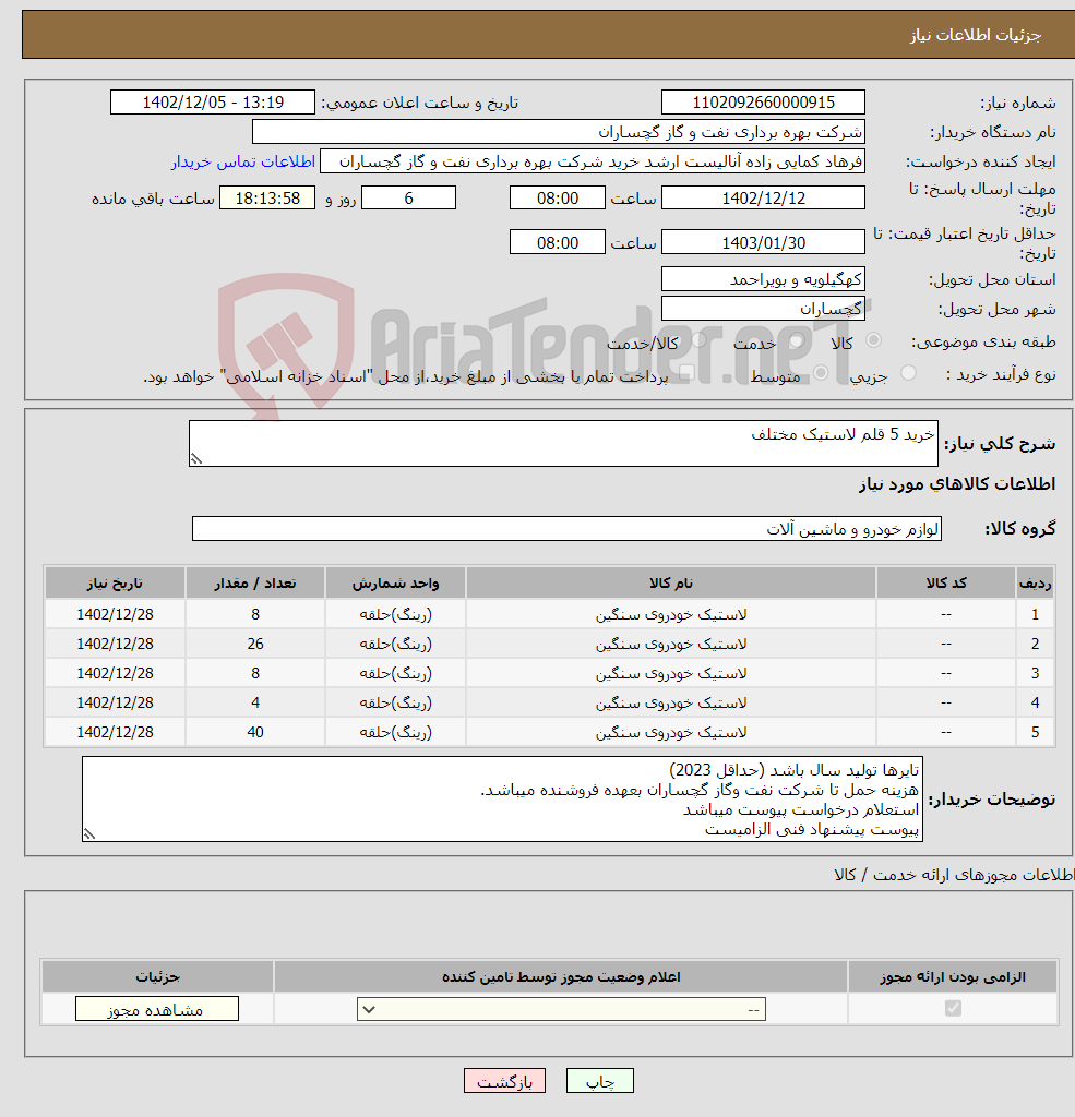 تصویر کوچک آگهی نیاز انتخاب تامین کننده-خرید 5 قلم لاستیک مختلف