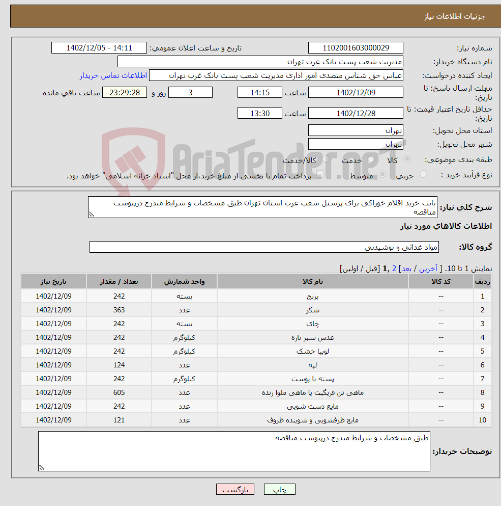 تصویر کوچک آگهی نیاز انتخاب تامین کننده-بابت خرید اقلام خوراکی برای پرسنل شعب غرب استان تهران طبق مشخصات و شرایط مندرج درپیوست مناقصه