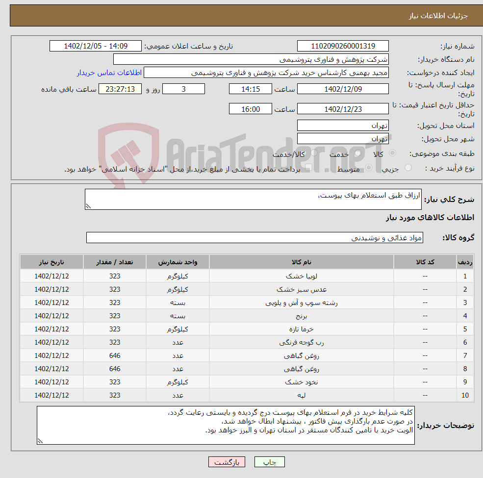 تصویر کوچک آگهی نیاز انتخاب تامین کننده-ارزاق طبق استعلام بهای پیوست، 