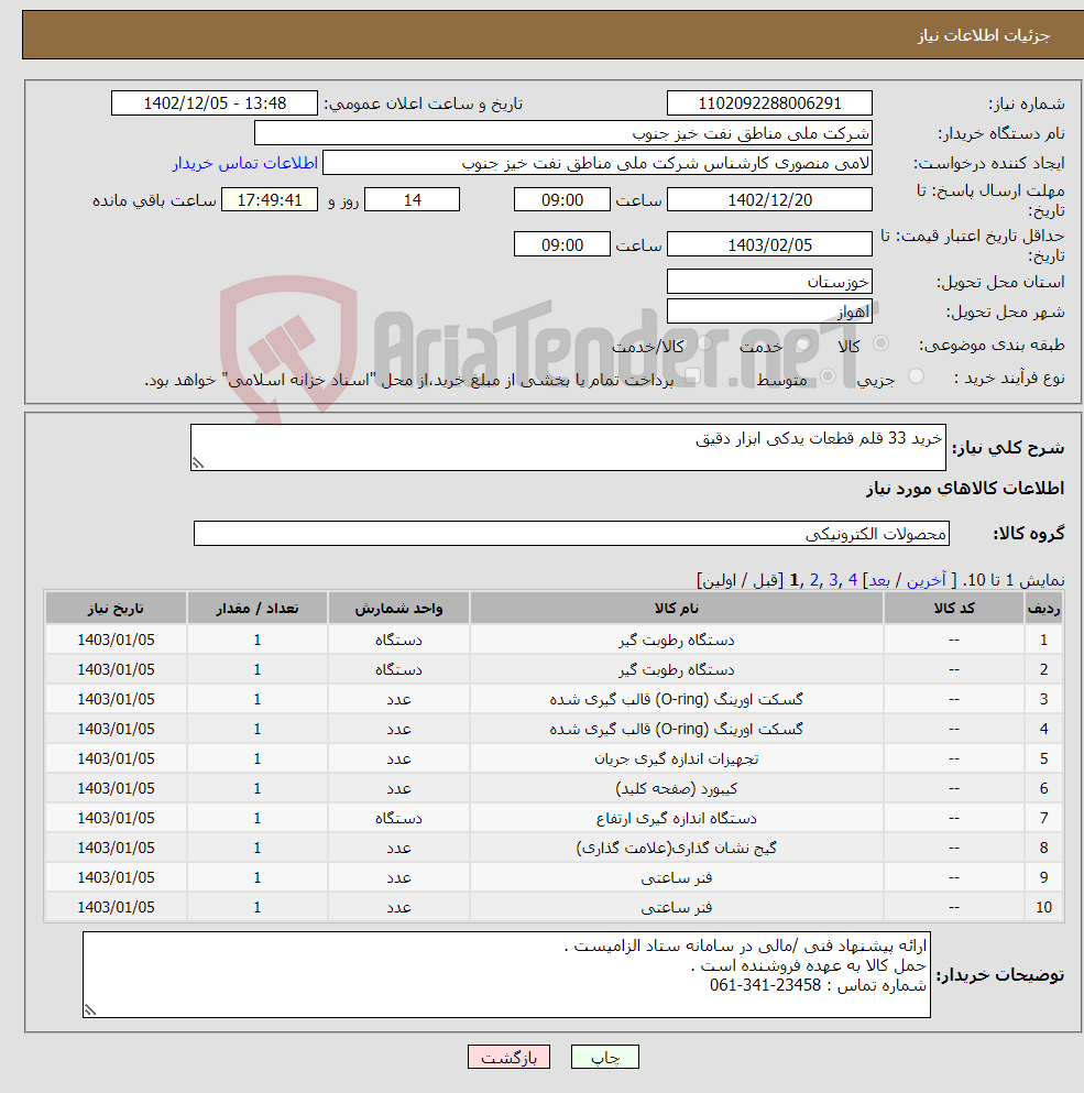 تصویر کوچک آگهی نیاز انتخاب تامین کننده-خرید 33 قلم قطعات یدکی ابزار دقیق