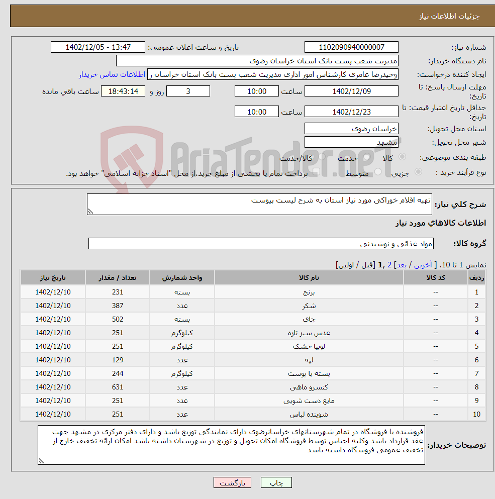 تصویر کوچک آگهی نیاز انتخاب تامین کننده-تهیه اقلام خوراکی مورد نیاز استان به شرح لیست پیوست