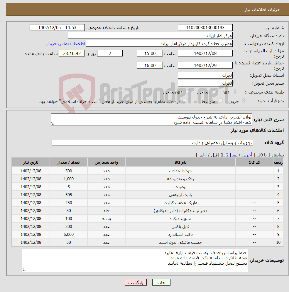 تصویر کوچک آگهی نیاز انتخاب تامین کننده-لوازم التحریر اداری به شرح جدول پیوست همه اقلام یکجا در سامانه قیمت داده شود 