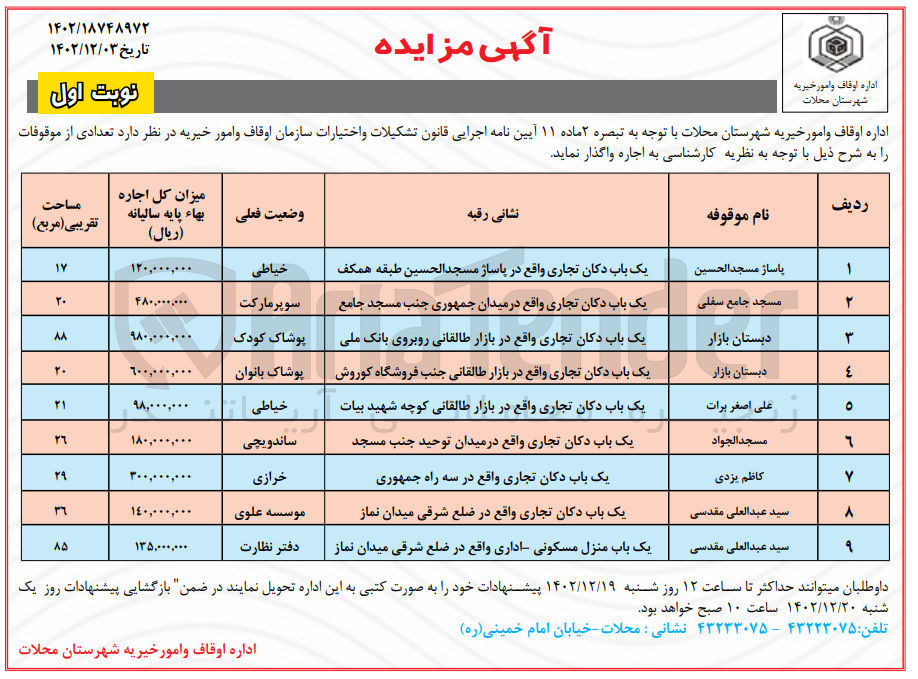 تصویر کوچک آگهی واگذاری اجاره ی  9 ردیف موقوفات  8 دکان مغازه و یک باب مسکونی -اداری 