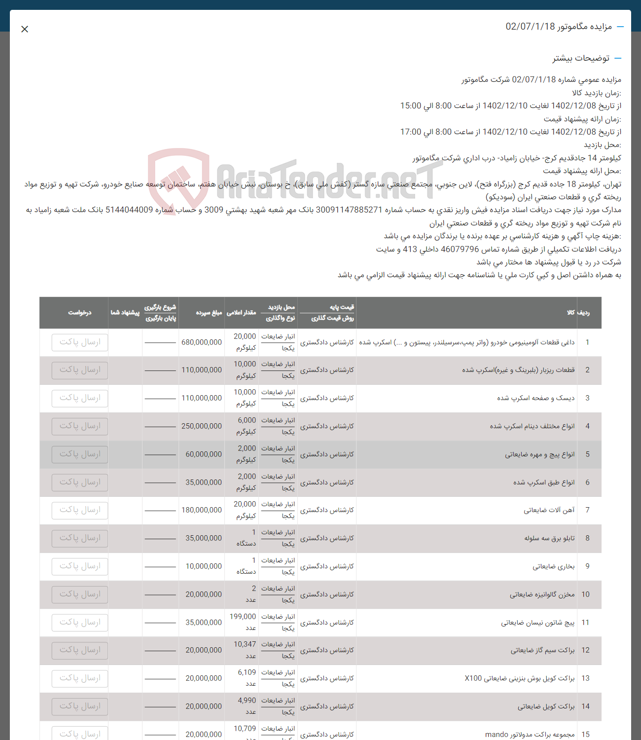 تصویر کوچک آگهی فروش اقلام در 15 ردیف شامل داغی قطعات آلومینیومی خودرو (واتر پمپ، سرسیلندر، پیستون و ..) اسکرپ شده
قطعات ریز بار (بلبرینگ و غیره) سکرپ شده
دیسک و صفحه سکرپ شده
انواع مختلف دینام سکرپ شده
انواع پیج و مهره ضایعاتی - انواع طبق سکرپ شده
آهن آلات ضایعاتی - تامین برق سه سلوله - بخاری ضایعاتی - مخزن گالوانیزه ضایعاتی- پیچ شاتون نیسان ضایعاتی- براکت سیم گاز ضایعاتی- براکت کویل بوش بنزینی ضایعاتی - براکت کویل ضایعاتی- مجموعه براکت مدولاتور mando