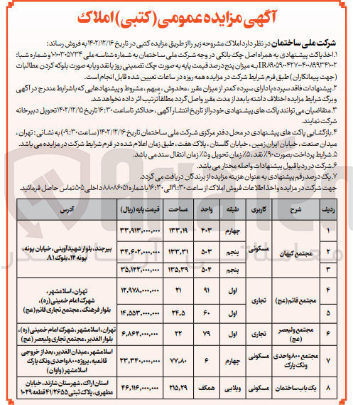 تصویر کوچک آگهی فروش املاک مشروحه در 8 ردیف با کاربری مسکونی - تجاری