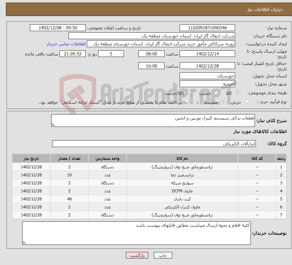 تصویر کوچک آگهی نیاز انتخاب تامین کننده-قطعات یدکی سیستم کنترل توربین و انجین