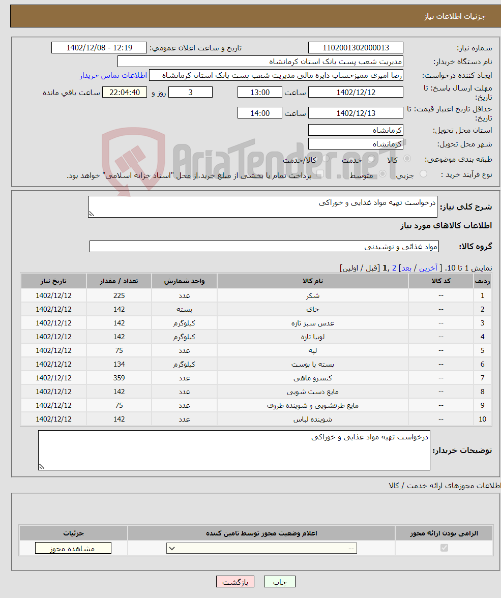 تصویر کوچک آگهی نیاز انتخاب تامین کننده-درخواست تهیه مواد غذایی و خوراکی 