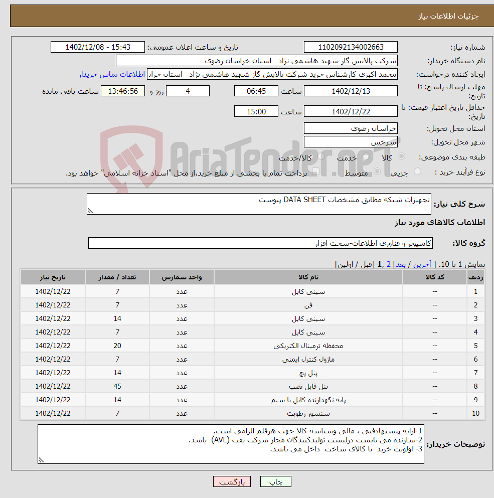 تصویر کوچک آگهی نیاز انتخاب تامین کننده-تجهیزات شبکه مطابق مشخصات DATA SHEET پیوست 