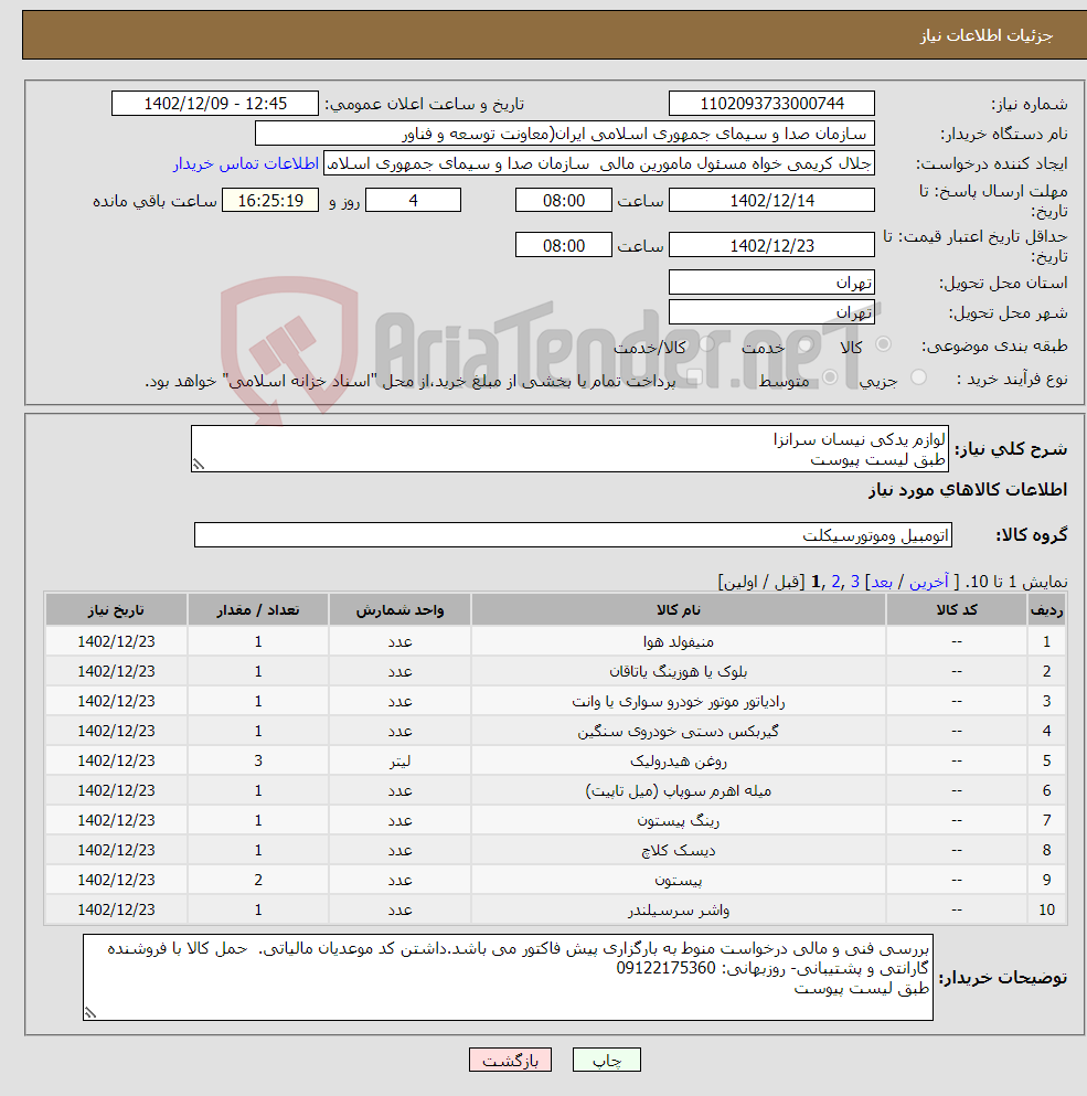 تصویر کوچک آگهی نیاز انتخاب تامین کننده-لوازم یدکی نیسان سرانزا طبق لیست پیوست