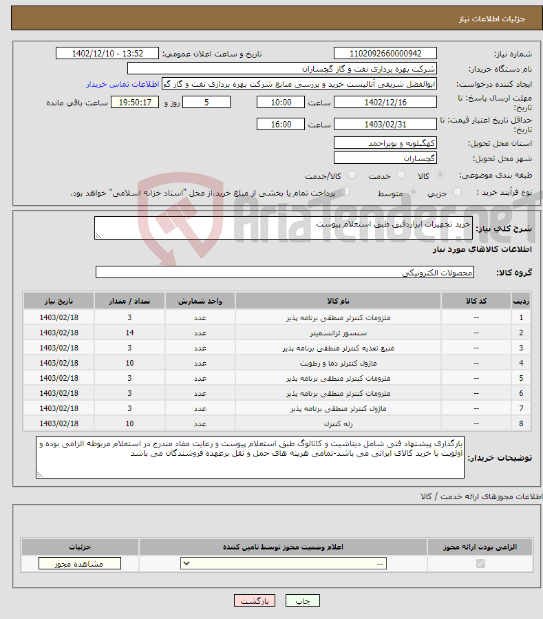 تصویر کوچک آگهی نیاز انتخاب تامین کننده-خرید تجهیزات ابزاردقیق طبق استعلام پیوست