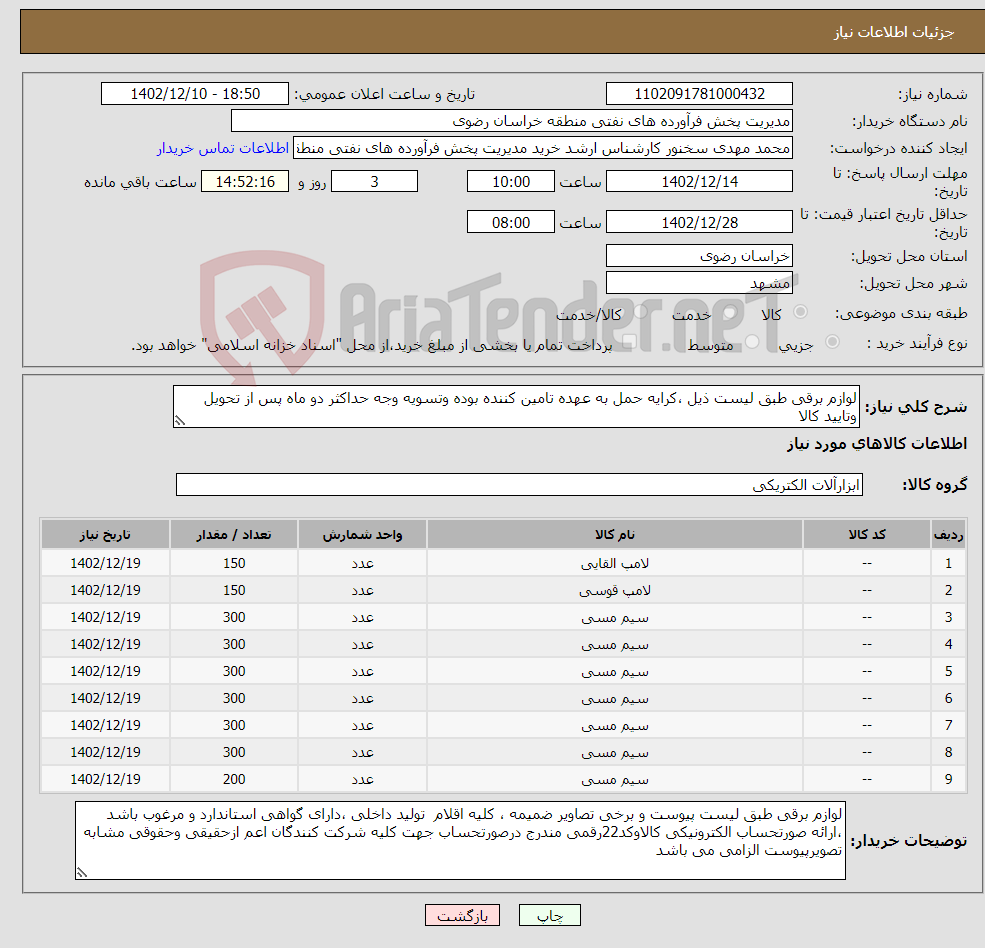 تصویر کوچک آگهی نیاز انتخاب تامین کننده-لوازم برقی طبق لیست ذیل ،کرایه حمل به عهده تامین کننده بوده وتسویه وجه حداکثر دو ماه پس از تحویل وتایید کالا