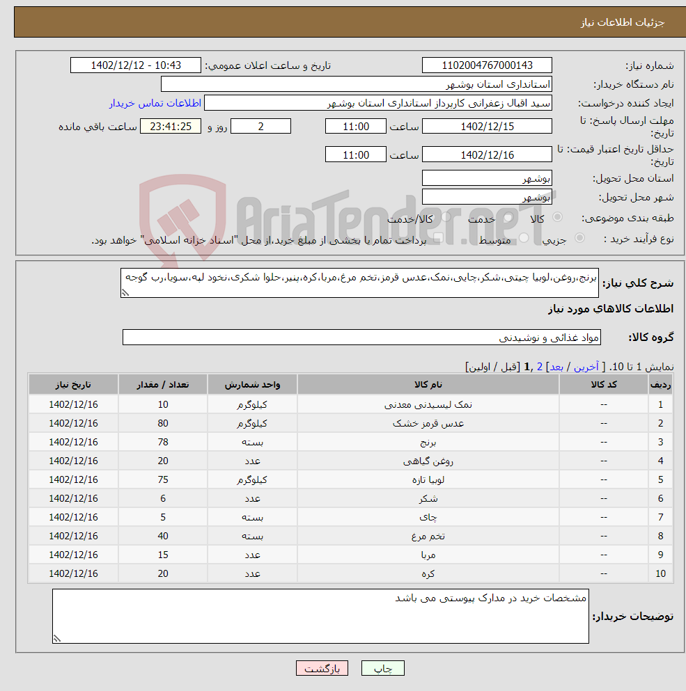 تصویر کوچک آگهی نیاز انتخاب تامین کننده-برنج،روغن،لوبیا چیتی،شکر،چایی،نمک،عدس قرمز،تخم مرغ،مربا،کره،پنیر،حلوا شکری،نخود لپه،سویا،رب گوجه