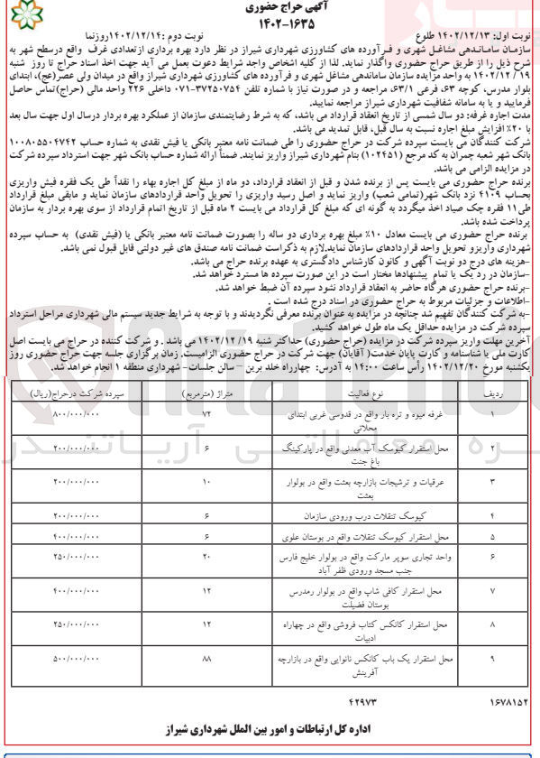 تصویر کوچک آگهی واگذاری بهره برداری از تعدادی غرف واقع در سطح شهر 