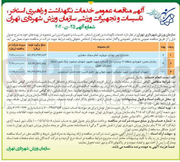 تصویر کوچک آگهی خدمات نگهداشت و راهبری استخر، تاسیسات و تجهیزات ورزشی منصوبه در پهنه های خود 