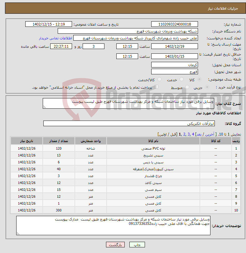 تصویر کوچک آگهی نیاز انتخاب تامین کننده-وسایل برقی مورد نیاز ساختمان شبکه و مرکز بهداشت شهرستان فهرج طبق لیست پیوست