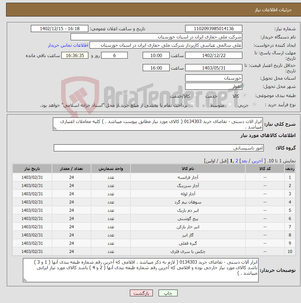 تصویر کوچک آگهی نیاز انتخاب تامین کننده-ابزار الات دستی - تقاضای خرید 0134303 ( کالای مورد نیاز مطابق پیوست میباشد . ) کلیه معاملات اعتباری میباشد .