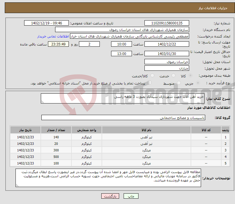 تصویر کوچک آگهی نیاز انتخاب تامین کننده-خرید آهن آلات جهت شهرداری سیدآباد بصورت 3 ماهه راسی