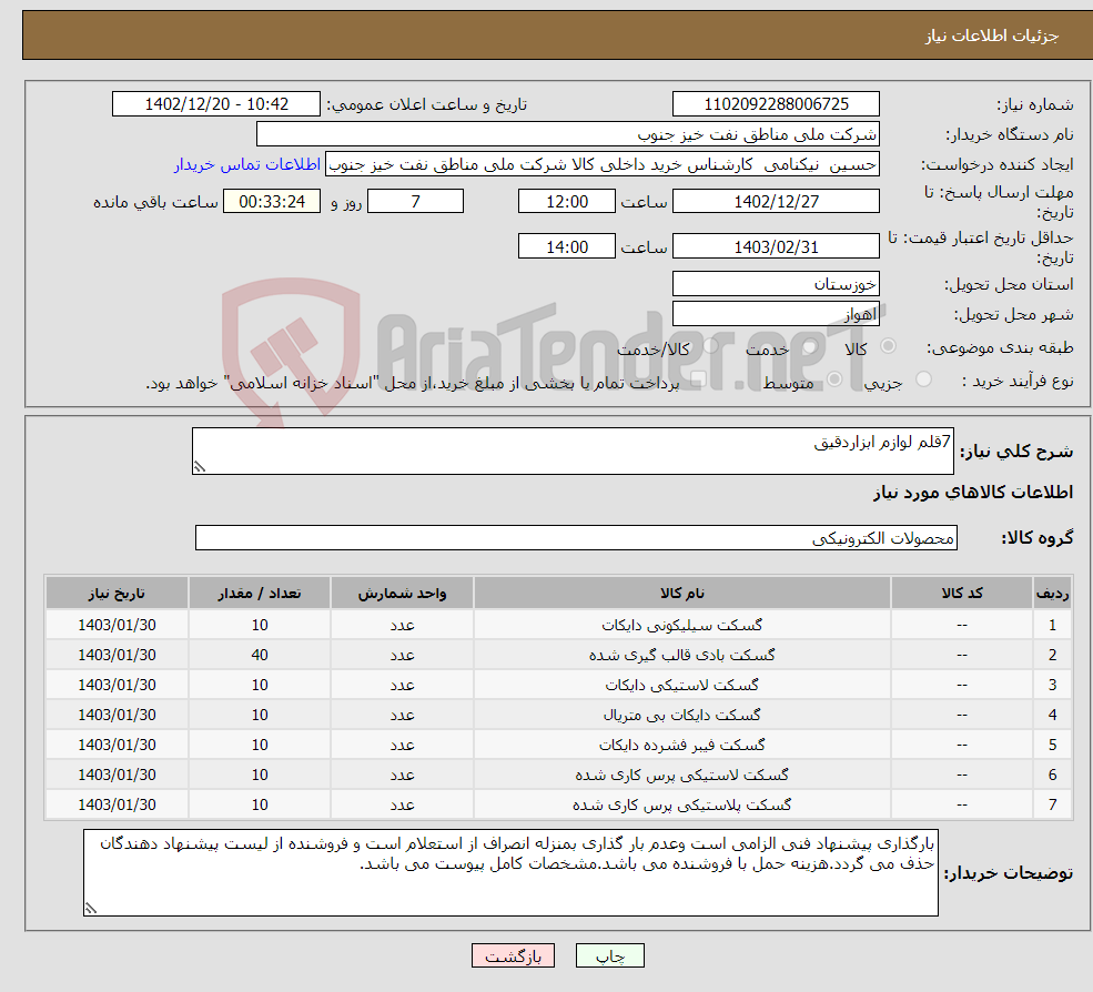 تصویر کوچک آگهی نیاز انتخاب تامین کننده-7قلم لوازم ابزاردقیق