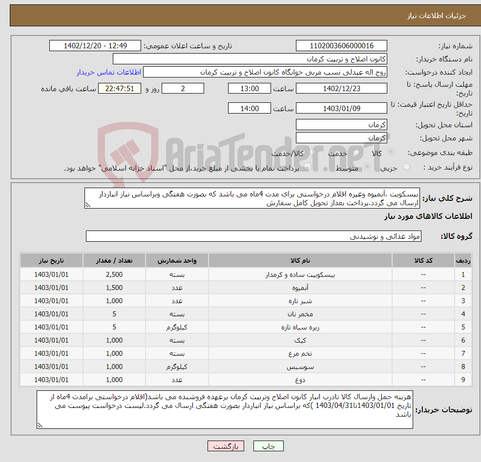 تصویر کوچک آگهی نیاز انتخاب تامین کننده-بیسکویت ،آبمیوه وغیره اقلام درخواستی برای مدت 4ماه می باشد که بصورت هفتگی وبراساس نیاز انباردار ارسال می گردد.پرداخت بعداز تحویل کامل سفارش