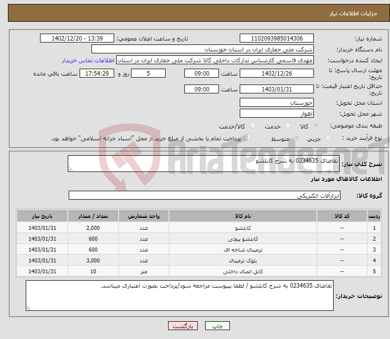 تصویر کوچک آگهی نیاز انتخاب تامین کننده-تقاضای 0234635 به شرح کابلشو