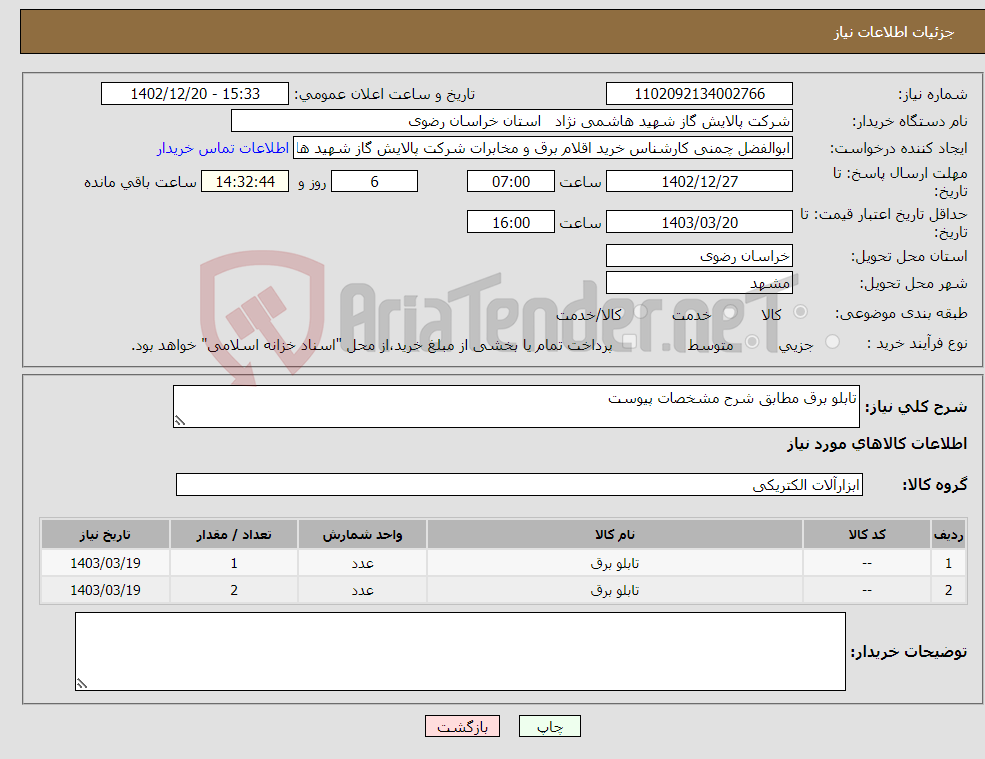 تصویر کوچک آگهی نیاز انتخاب تامین کننده-تابلو برق مطابق شرح مشخصات پیوست