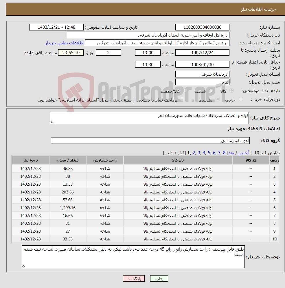 تصویر کوچک آگهی نیاز انتخاب تامین کننده-لوله و اتصالات سردخانه شهاب قائم شهرستان اهر