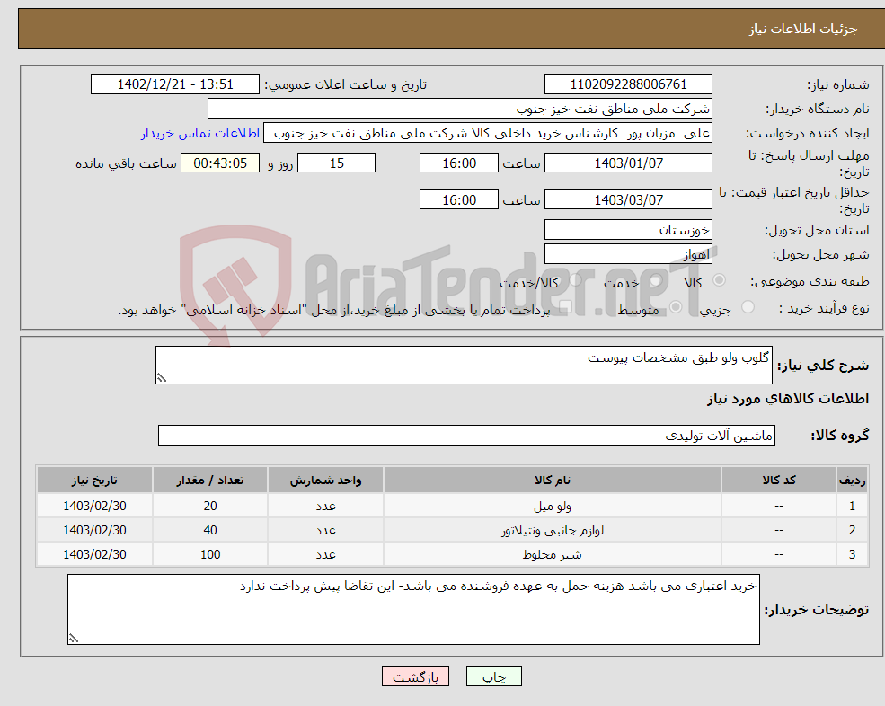 تصویر کوچک آگهی نیاز انتخاب تامین کننده-گلوب ولو طبق مشخصات پیوست