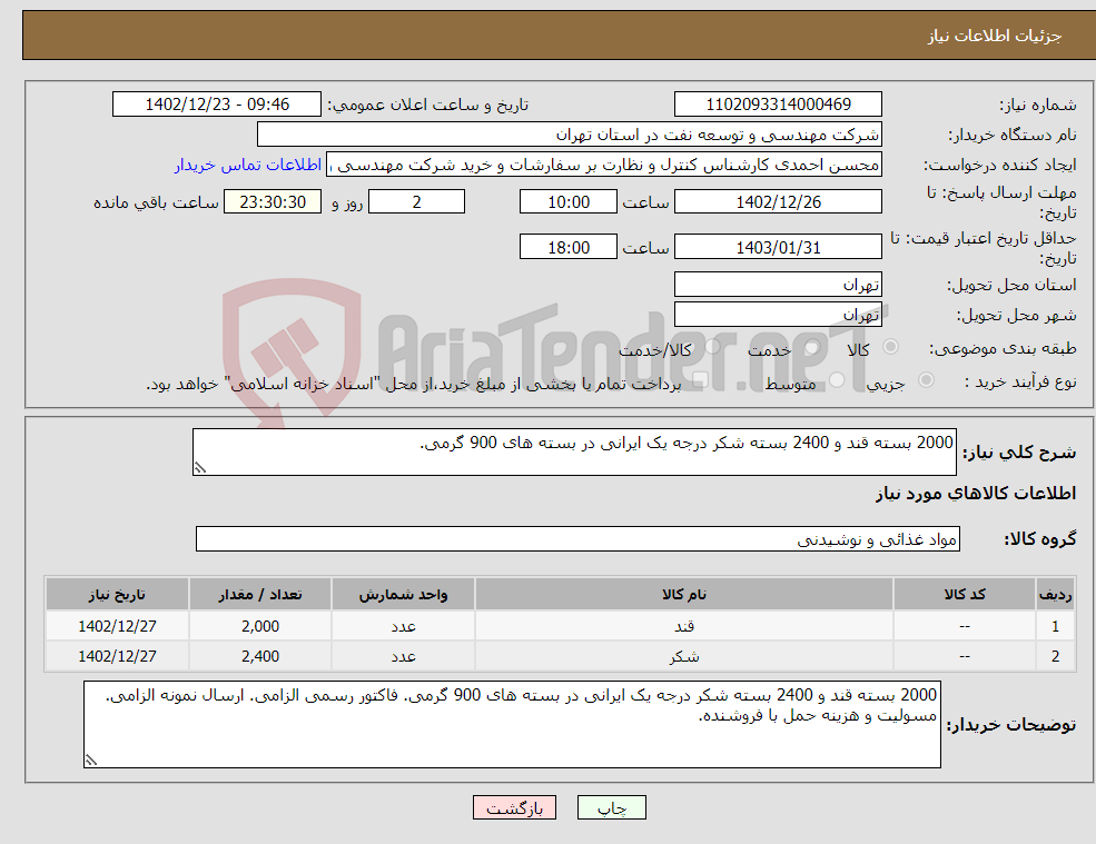 تصویر کوچک آگهی نیاز انتخاب تامین کننده-2000 بسته قند و 2400 بسته شکر درجه یک ایرانی در بسته های 900 گرمی.