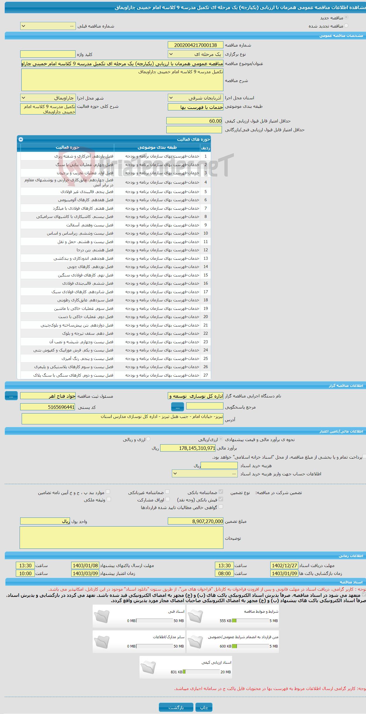 تصویر کوچک آگهی مناقصه عمومی همزمان با ارزیابی (یکپارچه) یک مرحله ای تکمیل مدرسه 9 کلاسه امام خمینی چاراویماق